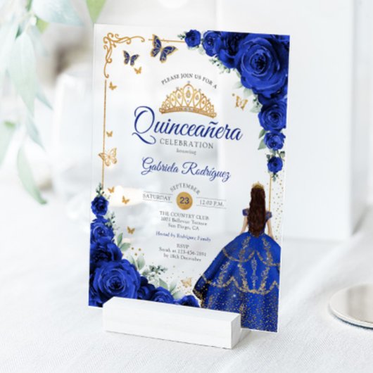 Invitations En Acrylique Elegant Chic Royal Blue Roses Gold Quinceanera