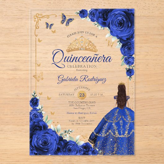 Invitations En Acrylique Elegant Chic Royal Blue Roses Gold Quinceanera (Recto)