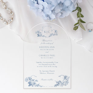 Invitations En Acrylique Élégant Classique Bleu Poussiéreux Floral Français