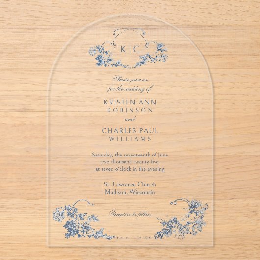 Invitations En Acrylique Élégant classique Dusty Bleu Français Floral (Recto)