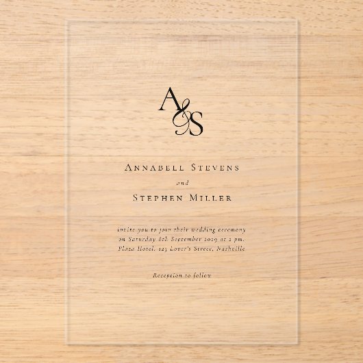 Invitations En Acrylique Élégant, Classique, Monogramme, Mariage (Recto)