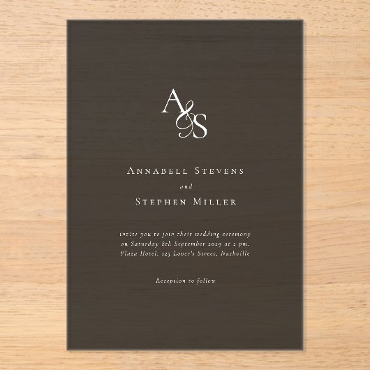 Invitations En Acrylique Élégant, Classique, Monogramme, Mariage gris foncé (Recto)