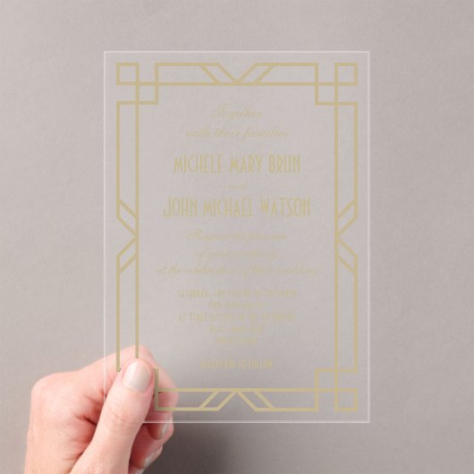 Invitations En Acrylique Elégant Classy Transparent Art Déco Mariage beige (In situ (ordinateur de poche))