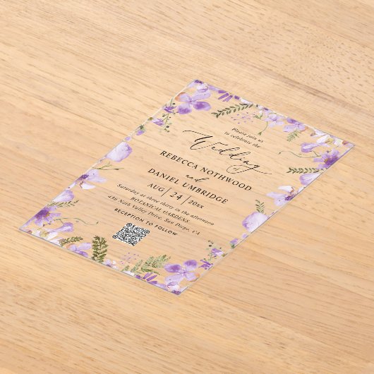Invitations En Acrylique Élégant code QR chic Mariage violet (Poser)