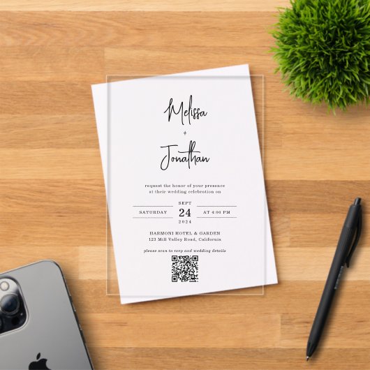 Invitations En Acrylique Élégant Code QR de Mariage Moderne Écriture Manusc (Insitu (Carte d'invitation))