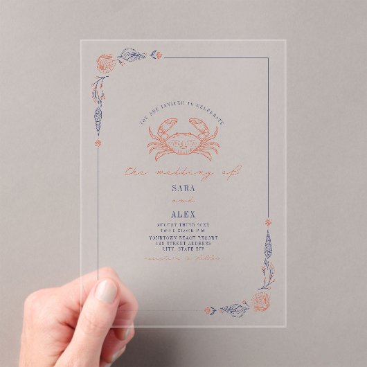 Invitations En Acrylique Elégant crabe de mariage rustique rouge et bleu pl (In situ (ordinateur de poche))