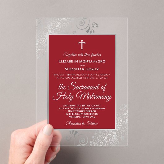 Invitations En Acrylique Elegant Crimson Red & Silver Chic Catholic Wedding (In situ (ordinateur de poche))