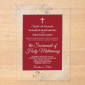 Invitations En Acrylique Elegant Crimson Red & Silver Chic Catholic Wedding (Recto)