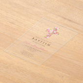 Invitations En Acrylique Élégant culte rose floral croix Baptême (Poser)