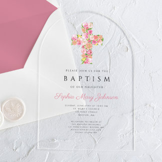 Invitations En Acrylique Élégant culte rose floral croix Baptême