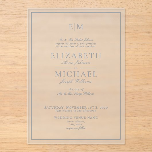 Invitations En Acrylique Élégant Dusty Blue Classic Script Monogram Mariage (Recto)