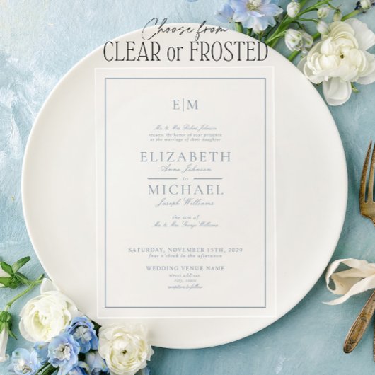 Invitations En Acrylique Élégant Dusty Blue Classic Script Monogram Mariage