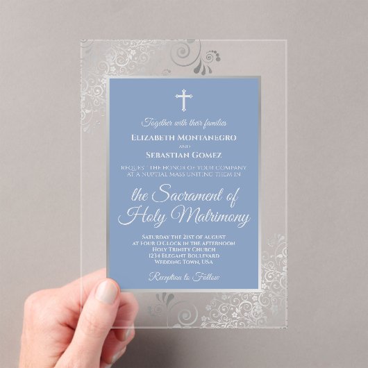 Invitations En Acrylique Elegant Dusty Blue Ornate Silver Catholic Wedding (In situ (ordinateur de poche))