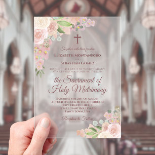 Invitations En Acrylique Élégant Dusty Rose Floral Moderne Mariage catholiq