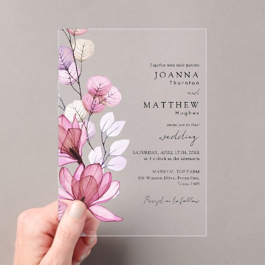 Invitations En Acrylique Élégant Dusty Rose Mariage floral transparent (In situ (ordinateur de poche))