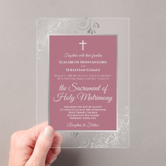 Invitations En Acrylique Elegant Dusty Rose Ornate Silver Catholic Wedding (In situ (ordinateur de poche))