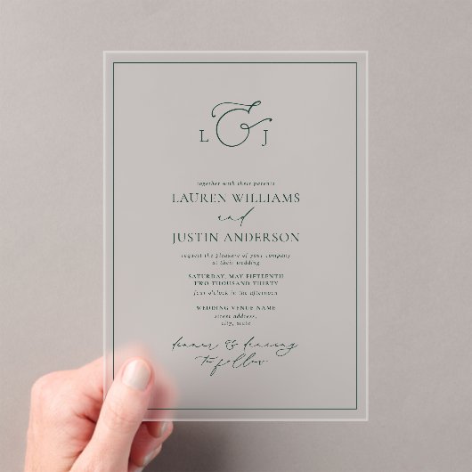 Invitations En Acrylique Élégant Emerald Green Calligraphie Monogramme Mari (In situ (ordinateur de poche))