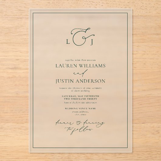 Invitations En Acrylique Élégant Emerald Green Calligraphie Monogramme Mari (Recto)