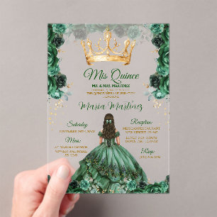 Invitations En Acrylique Élégant Emerald Green Floral Gold Crown Mis Quince