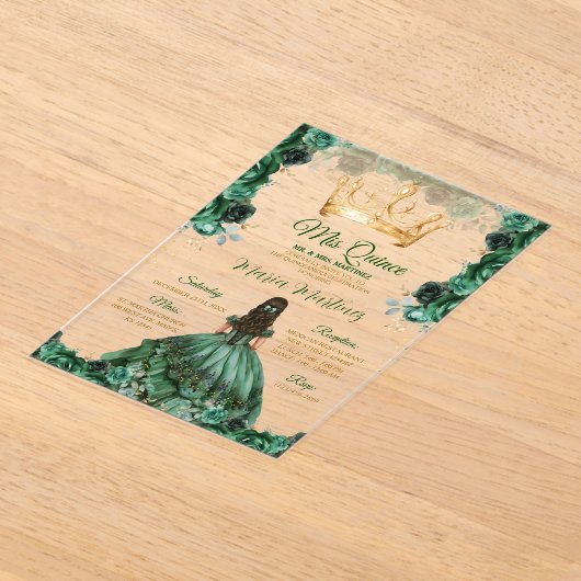 Invitations En Acrylique Élégant Emerald Green Floral Gold Crown Mis Quince (Poser)