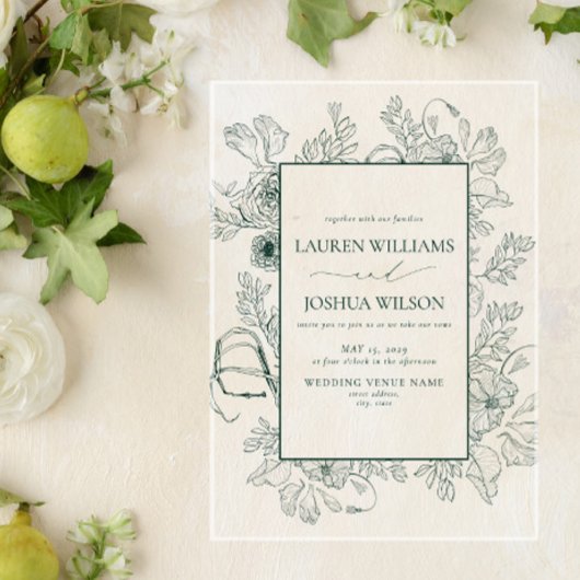 Invitations En Acrylique Élégant Emerald Green Floral Line Art Mariage