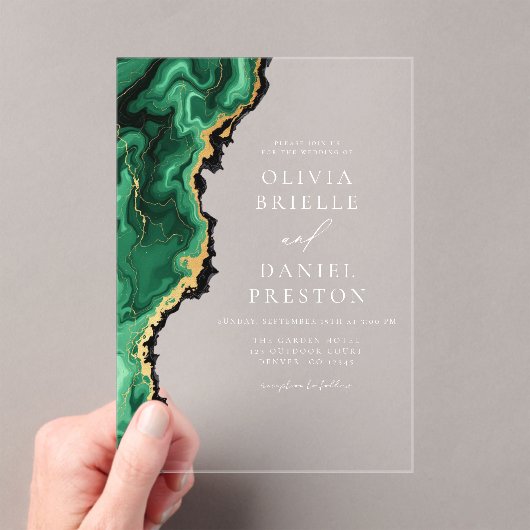 Invitations En Acrylique Élégant Emerald Green Gold Agate Mariage (In situ (ordinateur de poche))