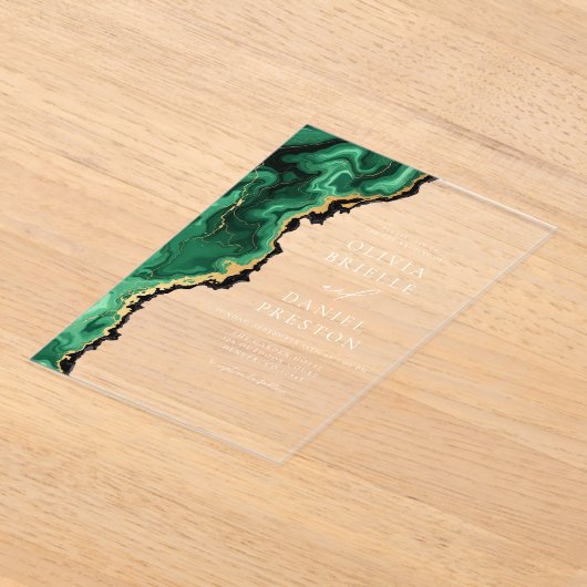 Invitations En Acrylique Élégant Emerald Green Gold Agate Mariage (Poser)