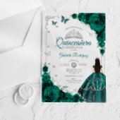 Invitations En Acrylique Elegant Emerald Green Roses Silver Quinceanera