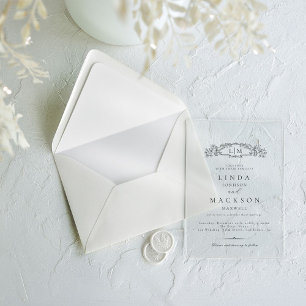 Invitations En Acrylique Élégant et chic blason botanique monogramme mariag