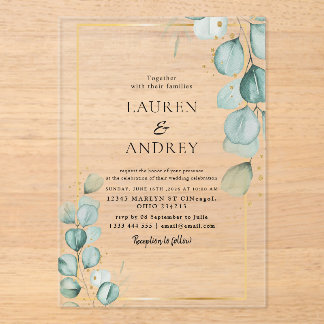 Invitations En Acrylique Elegant Eucalyptus Gold Frame Wedding