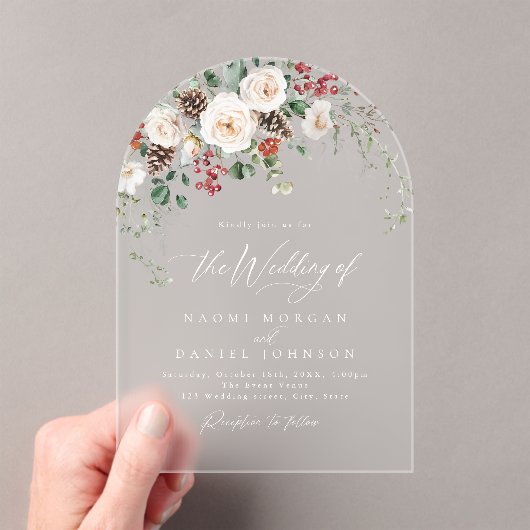 Invitations En Acrylique Elegant Festive Floral Holiday Winter Wedding (In situ (ordinateur de poche))