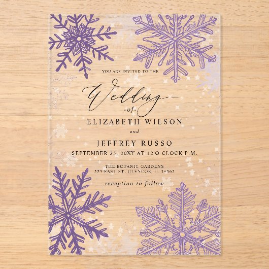 Invitations En Acrylique Élégant Flammes de neige violette Mariage d'hiver (Recto)