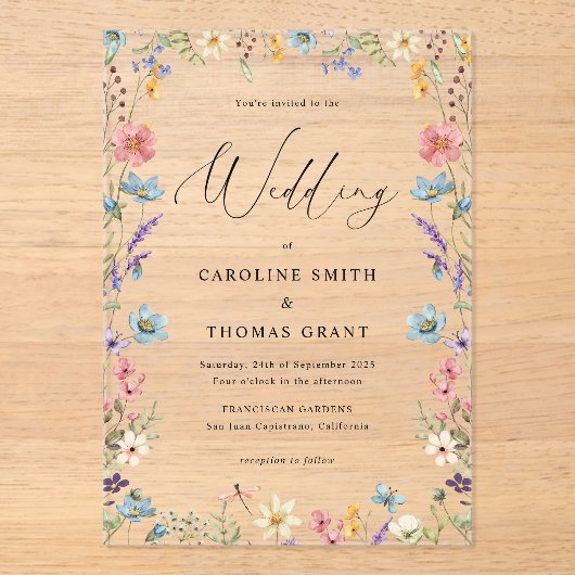 Invitations En Acrylique Élégant Fleur sauvage Bloom Romantique Script Mari (Recto)