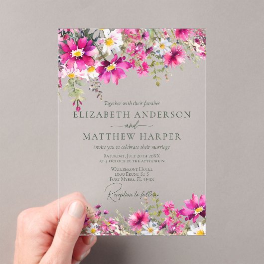 Invitations En Acrylique Élégant Fleur sauvage rose vif Mariage floral (In situ (ordinateur de poche))