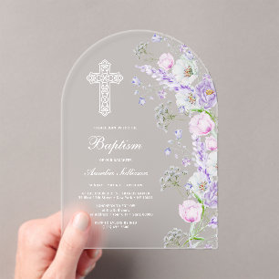 Invitations En Acrylique Élégant Fleurs de Lilas à l'Aquarelle Arche Baptêm