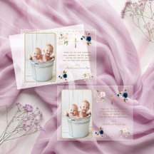 Élégant Fleurs Roses Bleues Or Jumelles Photo Bapt