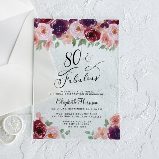 Invitations En Acrylique Elegant Floral 80th Birthday Party