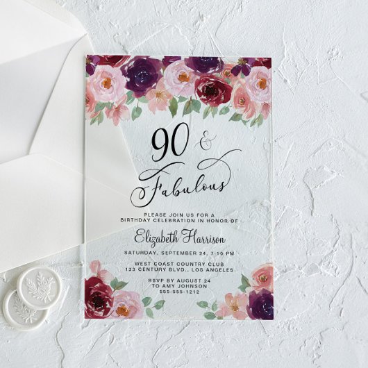 Invitations En Acrylique Elegant Floral 90th Birthday Party