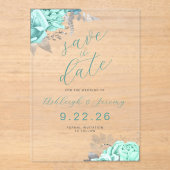 Invitations En Acrylique Elegant Floral Aqua Silver Save the Date (Recto)