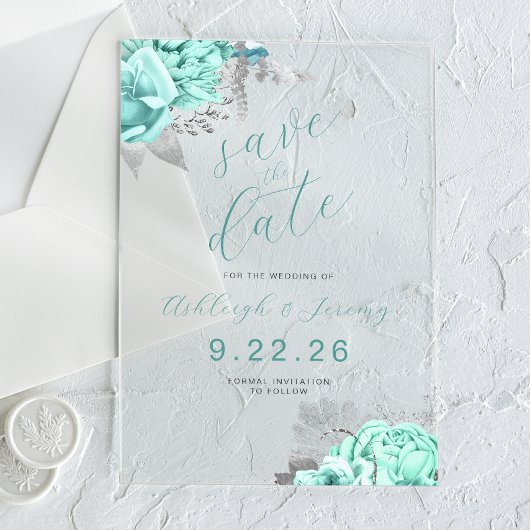 Invitations En Acrylique Elegant Floral Aqua Silver Save the Date