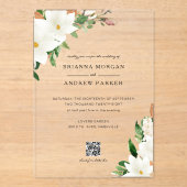 Invitations En Acrylique Elegant  Floral Magnolia QR Code Wedding (Recto)