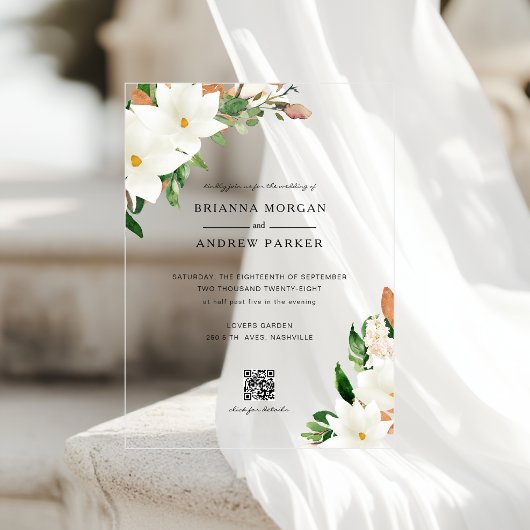 Invitations En Acrylique Elegant  Floral Magnolia QR Code Wedding