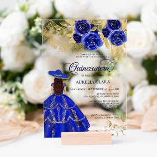 Invitations En Acrylique Elégant Floral Royal Blue Mexicain Quinceañera