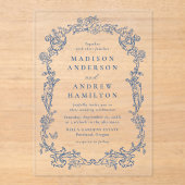 Invitations En Acrylique Elegant French Blue Victorian Floral Frame Wedding (Recto)
