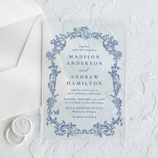 Invitations En Acrylique Elegant French Blue Victorian Floral Frame Wedding