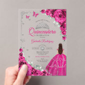Invitations En Acrylique Elegant Fuchsia Pink Roses Silver Quinceanera (In situ (ordinateur de poche))