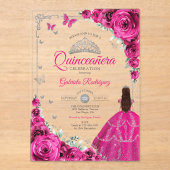 Invitations En Acrylique Elegant Fuchsia Pink Roses Silver Quinceanera (Recto)