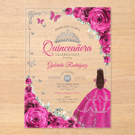 Invitations En Acrylique Elegant Fuchsia Pink Roses Silver Quinceanera (Recto)