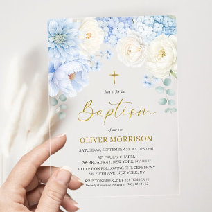 Invitations En Acrylique Élégant Garçon Baptême Croix Dorée Florale Bleu Po