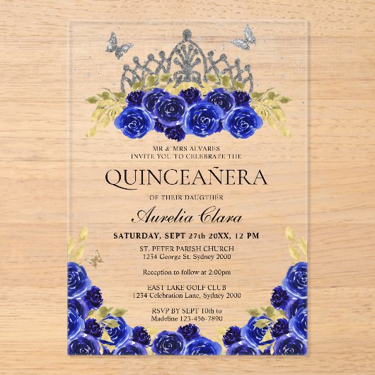 Invitations En Acrylique Elégant Glam bleu Floral Argent Tiara Quinceanera (Recto)